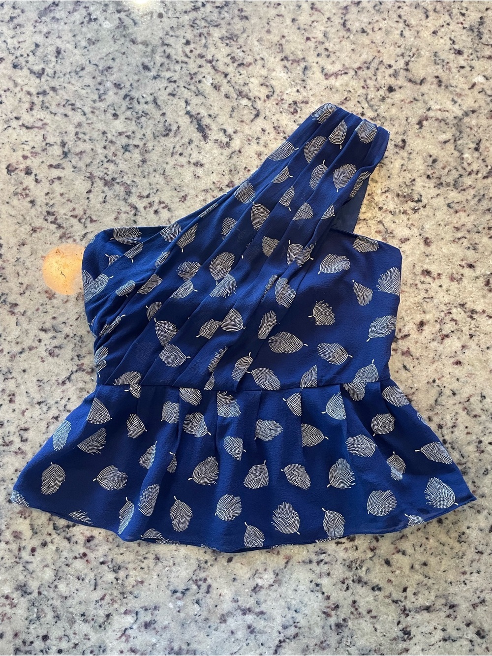 Fei 100% Silk peplum one shoulder Top in Deep Navy XS